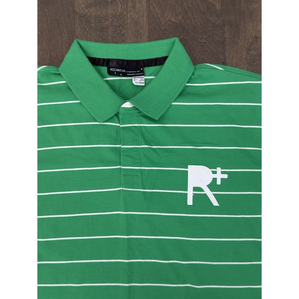 Rocawear‎ Mens Size XL Green Striped Polo Shirt 90s Y2K White Logo Short Sleeve